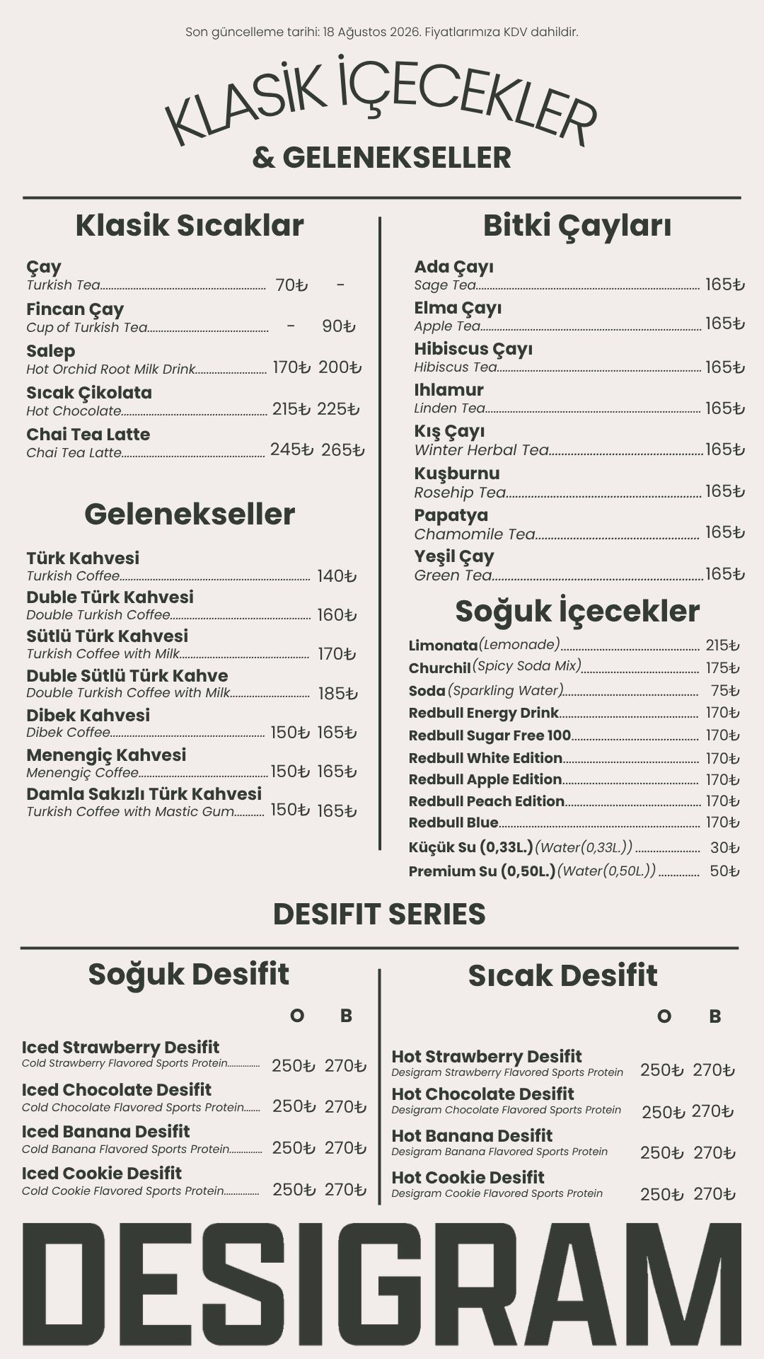 Klasik içecekler, gelenekseller, bitki çayları, soğuk içecekler ve Desifit serisi menüsü