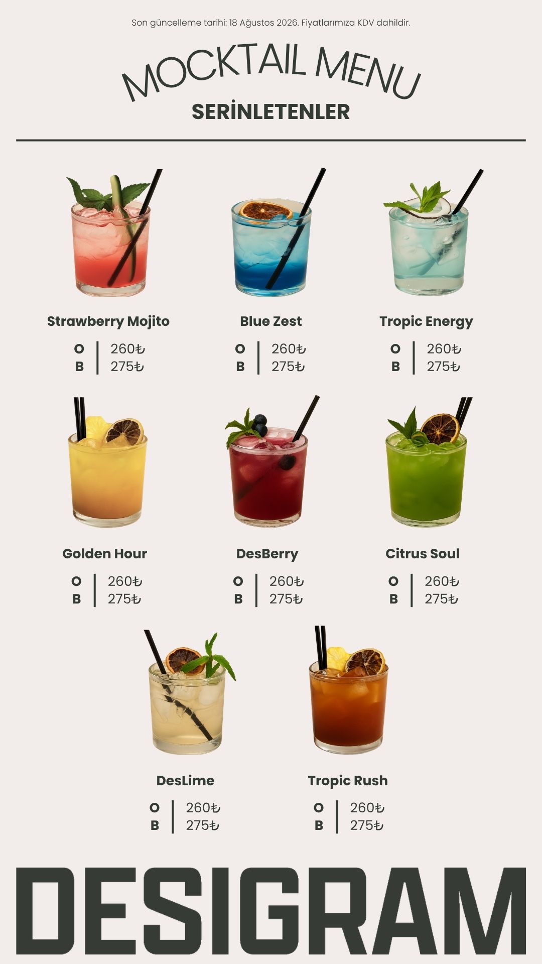 Mocktail menüsü, serinletenler